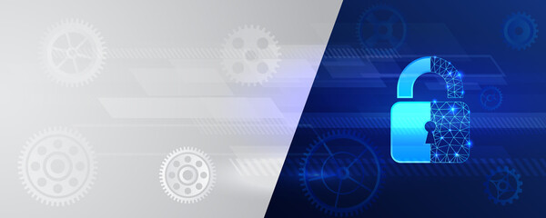 Poster - Data security concept design for personal privacy, data protection. Cybersecurity web banner. Shield icon with gears on a blue background.