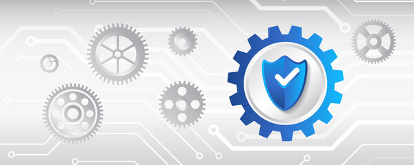 Fototapete - Cybersecurity web banner. Shield icon with gears on a blue background. Data security concept design for personal privacy, data protection.