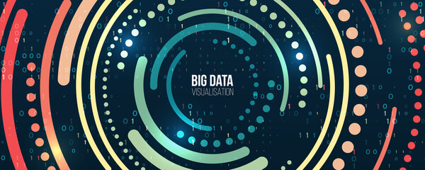 Wide Big data visualization. Information analytics concept. Abstract stream information with circles array and binary code. Filtering machine algorithms. Sorting data. Vector technology background.