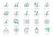 Hair cosmetic line icons. Vector illustration include icon - skincare, frizzy, repair, revitalizing, scalp, dandruff, follicle outline pictogram for trichology. Green Color, Editable Stroke