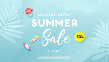 creative summer sale banner in trendy bright colors with tropical leaves and discount text. season p