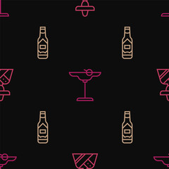 Wall Mural - Set line Mexican man sombrero, Tabasco sauce and Margarita cocktail on seamless pattern. Vector