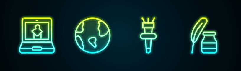 Sticker - Set line Online museum, Earth globe, Torch flame and Feather and inkwell. Glowing neon icon. Vector