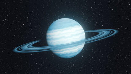 Wall Mural - blue gas planet with rings in the middle of the cosmos. science fiction scene. 3d rendering