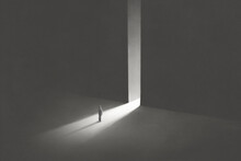 Illustration Of Man Entering In An Open Light Door, Surreal Abstract Concept