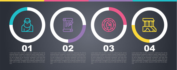 Poster - Set line Socrates, Decree, parchment, scroll, Ancient Greek coin and Parthenon. Business infographic template. Vector