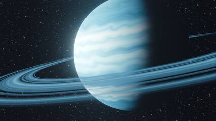 Wall Mural - close-up view of a blue gas planet with rings in the middle of the cosmos. science fiction scene. 3d