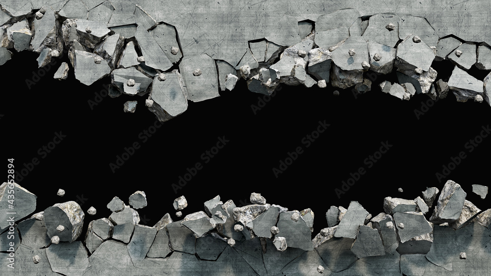 Destroyed wall cracked on two parts with a hole in the middle, 3d illustration - obrazy, fototapety, plakaty 