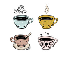 Tea Time, A Mug Of Tea, A Cup Of Coffee. Set Of Illustration For Cafe, Herbal Potion, Color Hand Drawing Isolated On White Background. Vector Illustration.