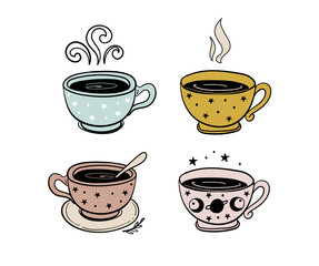 Tea time, a mug of tea, a cup of coffee. Set of illustration for cafe, herbal potion, color hand drawing isolated on white background. Vector illustration.