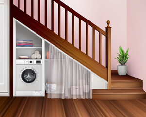 Wall Mural - Laundry location under the stairs and storage space. Vector 3d realistic interior illustration.