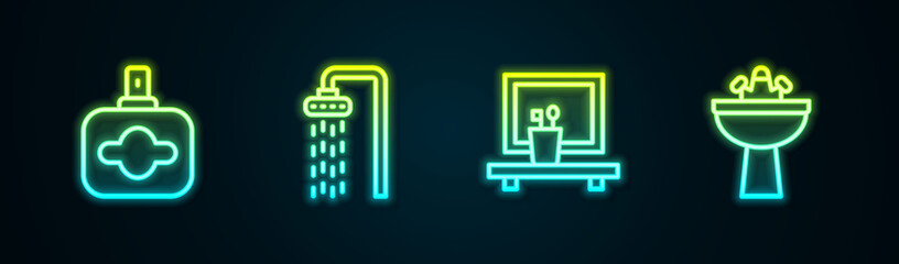 Poster - Set line Perfume, Shower, Washbasin mirror and with water tap. Glowing neon icon. Vector