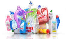 Different detergent bottles on a white background. 3d illustration