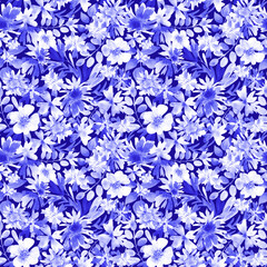  All over small blue watercolor flowers seamless ditsy pattern. 