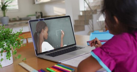 Canvas Print - African american girl doing homework while having a video call with female teacher on laptop at home