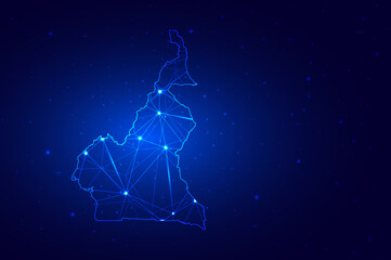 Wall Mural - Abstract Map of Cameroon from polygonal blue lines and glowing stars on dark blue background. Vector illustration eps10