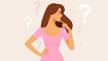 Portrait Of Young Woman Is Thinking. Question Marks Are Floating In The Air Behind. Attractive Pretty Woman With Long Hair. Making A Choice Concept. Caucasian Ethnicity. Modern Vector Illustration