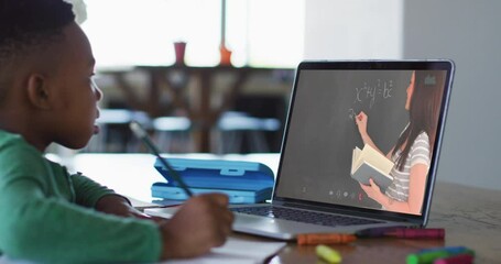 Wall Mural - African american boy doing homework while having a video call with female teacher on laptop at home