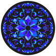 Design ornament for round product, flowers in the style of stained glass on a dark background,tone, blue