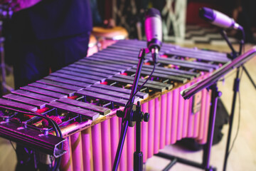 Xylophone concert view of vibraphone marimba player, mallets drum sticks, with a latin orchestra musical band performing in the background