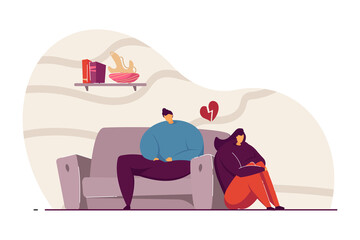 Wall Mural - Young couple having argument vector illustration. Man and woman thinking about misunderstanding between them. Conflict concept for website design or landing page.