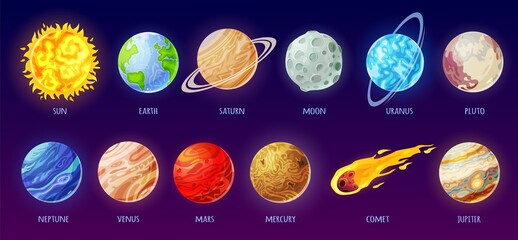 Wall Mural - Solar system planet. Cartoon galaxy planets, star, comet, sun, earth, moon, mercury. Universe space astronomy science for kids vector set. Universe space bodies for preschool education