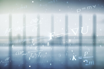 Double exposure of scientific formula hologram on empty modern office background, research and development concept