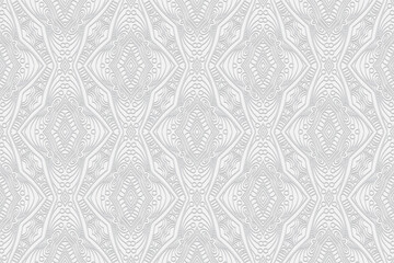  3D volumetric convex embossed geometric white background. Ethnic pattern with the exclusive national color of the peoples of India. Beautiful fashionable ornament for wallpaper, website, textile.