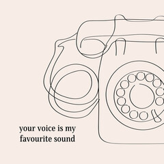 your voice is my favorite sound concept quote card, retro telephone, love, line style, connection