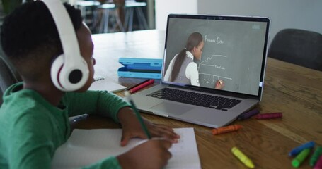 Canvas Print - African american boy doing homework while having a video call with female teacher on laptop at home