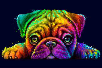 Wall Mural - Pug. Sticker Design. Abstract, Multicolored, Neon portrait of the head of a pug breed dog on a dark blue background  the style of pop art. Digital vector graphics. Background on a separate layer.
