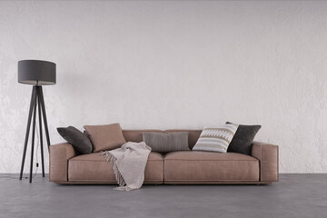 Interior wall mockup with texture wall and concrete floor, brown leather sofa and black floor lamp. Free space on right. 3D rendering, illustration.