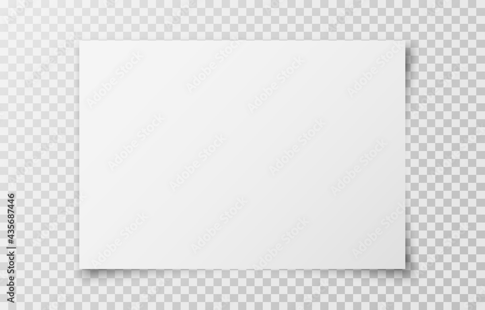 White realistic horizontal blank paper page with shadow isolated on transparent background. A4 size sheet paper. Mockup template for advertising, document, poster, brochure. Vector illustration - obrazy, fototapety, plakaty 
