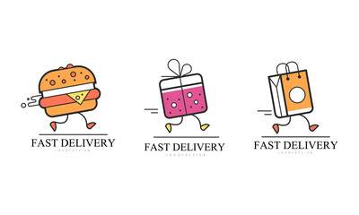 Sticker - Fast Delivery Service Logo Design Set, Fast Food, Gifts, Shopping Delivery Cartoon Vector Illustration