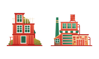 Sticker - City or Suburban Buildings Set, Brick Residential House and Industrial Building Flat Vector Illustration