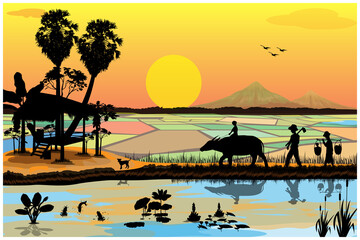 Wall Mural - silhouette farmer go to paddy field vector design