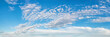 Fluffy cirrus clouds float slowly high in the azure blue sky on a sunny day. Panoramic skyscape of many small white clouds are scenic scattered across the sky. Weather and meteorology. Wide banner