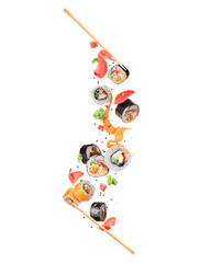 Wall Mural - Fresh various sushi rolls with ingredients in the air on white background