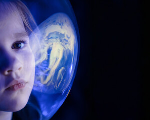 Wall Mural - girl dreams of becoming astronaut and flying into space. reflection of planet