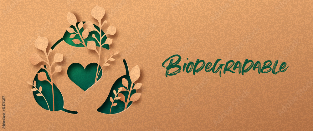 Biodegradable green paper cut leaf symbol banner - obrazy, fototapety, plakaty 