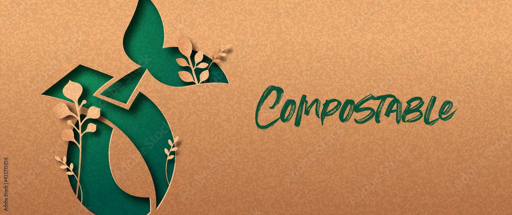Compostable green nature papercut banner concept - obrazy, fototapety, plakaty 