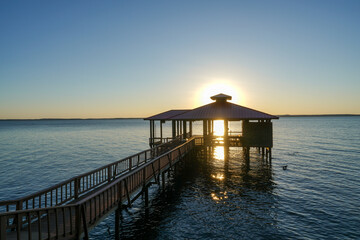 Boat dock on Toledo Bend Reservoir, Louisiana, during sunset