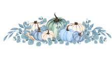 Watercolor Blue Pumpkin Composition, Floral Pumpkins, Halloween Clip Art, Autumn Design Elements, Fall Arrangement, Harvest Clip Art Isolated On White Background