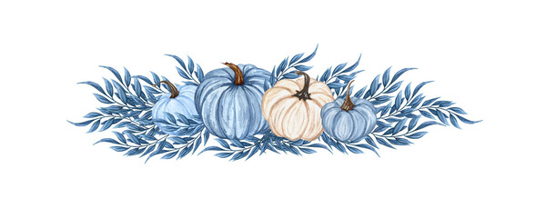 Wall Mural - Watercolor blue pumpkin composition, floral pumpkins, Halloween clip art, autumn design elements, fall arrangement, Harvest clip art isolated on white background