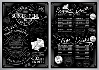 Wall Mural - Burger bar menu template - A4 card (burgers, grill, sides, drinks)