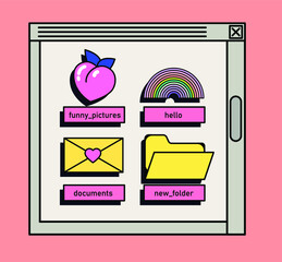 Retrowave style desktop with user interface elements. Retro OS in vaporwave 80's vintage stylization.