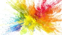 Color Burst Iridescent Multicolored Colorful Rainbow Smoke Powder Explosion. Fluid Ink Particles Slow Motion Close Up Shot. Alpha Matte Isolated On White