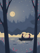 Silhouette Of A Man And A Woman On A Boat In A Lake Under The Moonlight