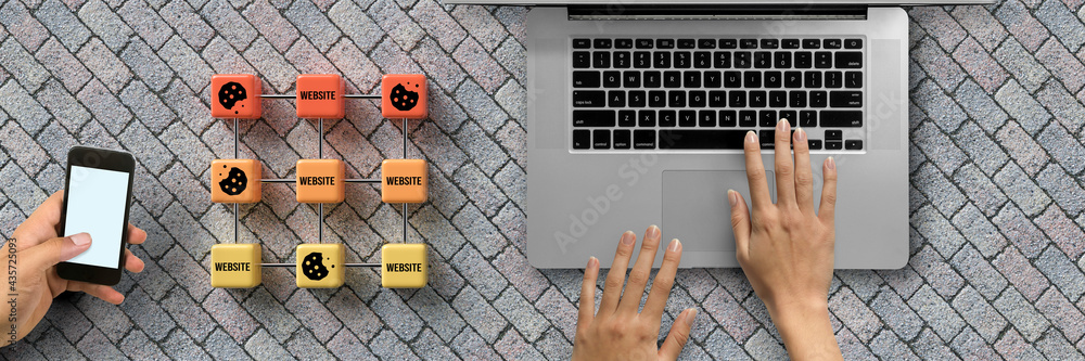 Dice with Cookie icons and the word WEBSITE and a laptop conceptual of the GDPR regulations introduced by the EU governing data collection and privacy of information for individuals online. - obrazy, fototapety, plakaty 