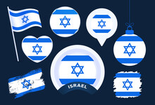 Israel Flag Vector Collection. Big Set Of National Flag Design Elements In Different Shapes For Public And National Holidays In Flat Style.